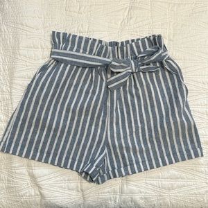 Sapphire Red Striped Blue Paperbag Shorts with Knot Tie